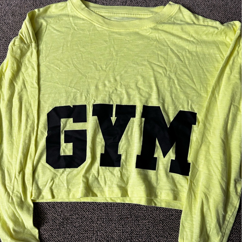 Neon Yellow Long Sleeve Crop Top “GYM” Graphic Girls 14–16